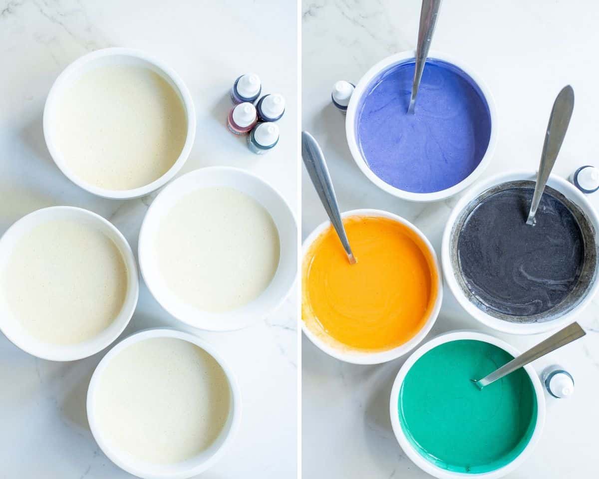 4 tazones de masa de panqueques antes y después de añadir color.