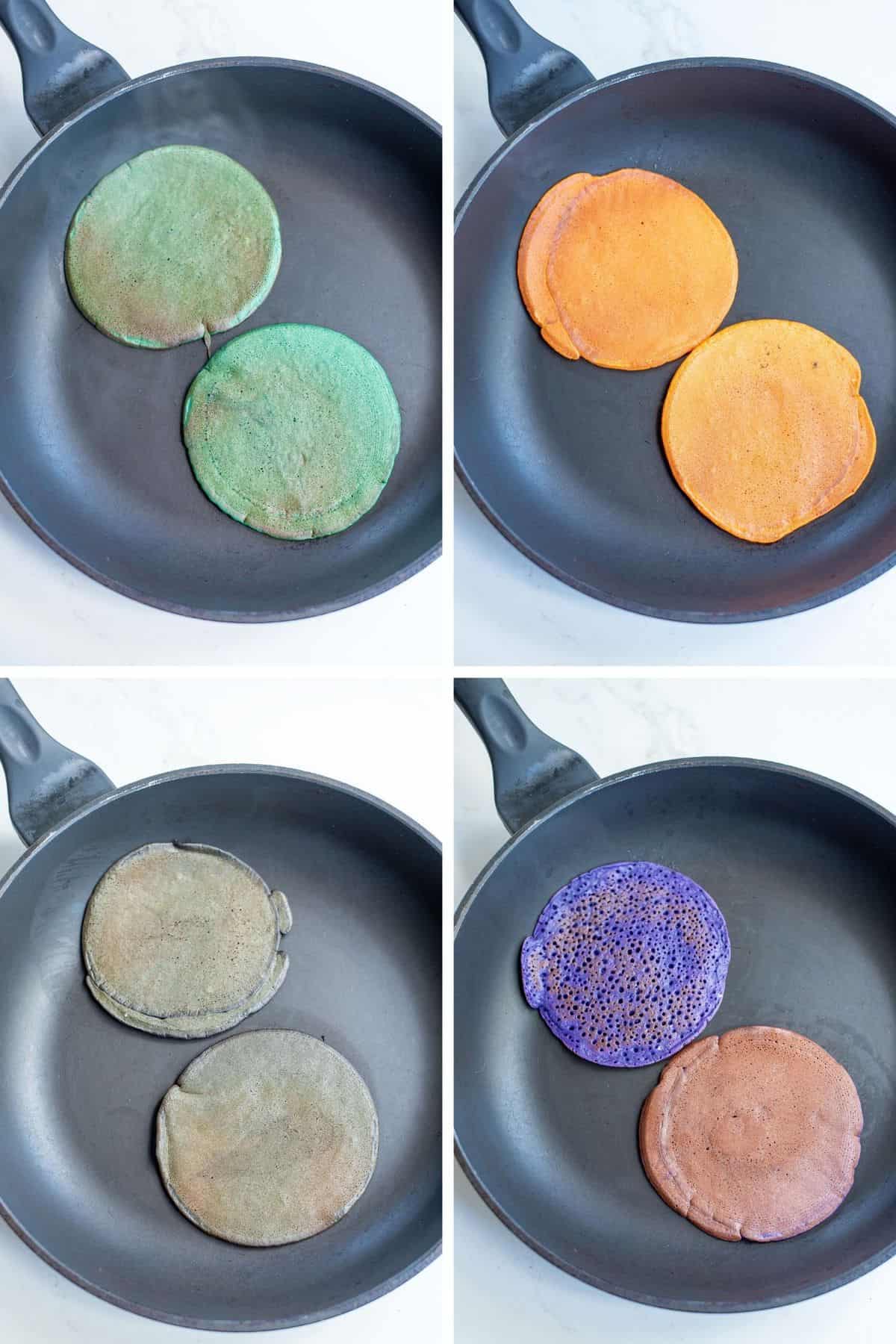 Cuatro colores diferentes de panqueques en una sartén negra.