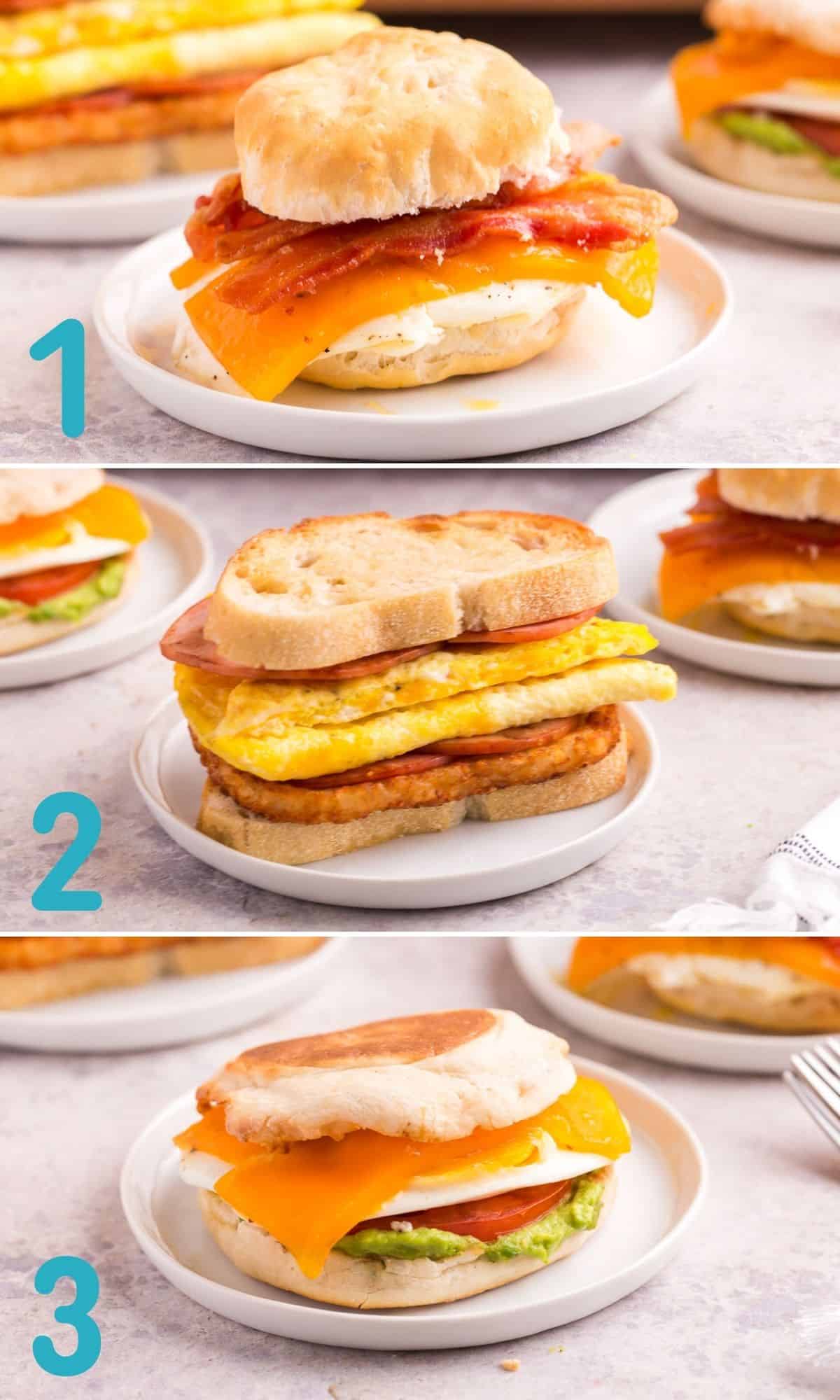 Tres variedades de sándwiches de huevo.