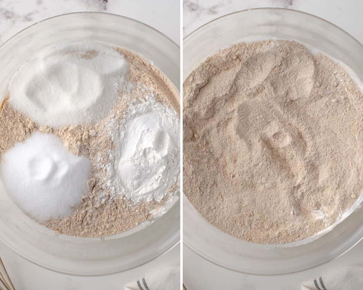 Ingredientes secos para la mezcla de panqueques antes y después de mezclar.
