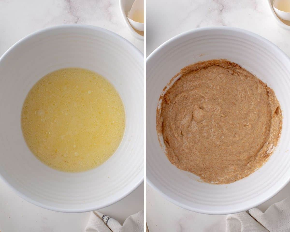 Masa de panqueques antes y después de agregar la mezcla de harina.