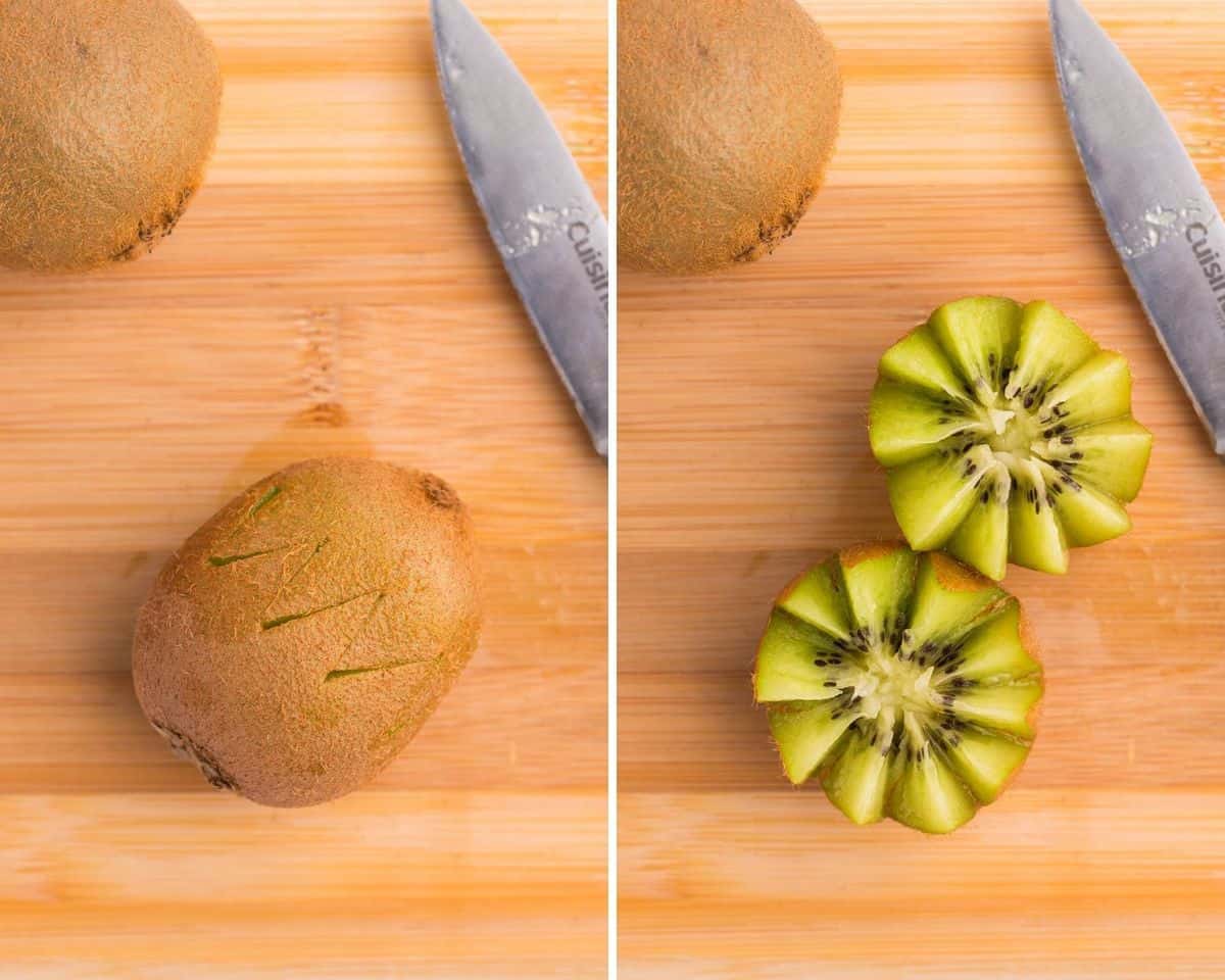 Dos imágenes mostrando cómo hacer una flor de kiwi.