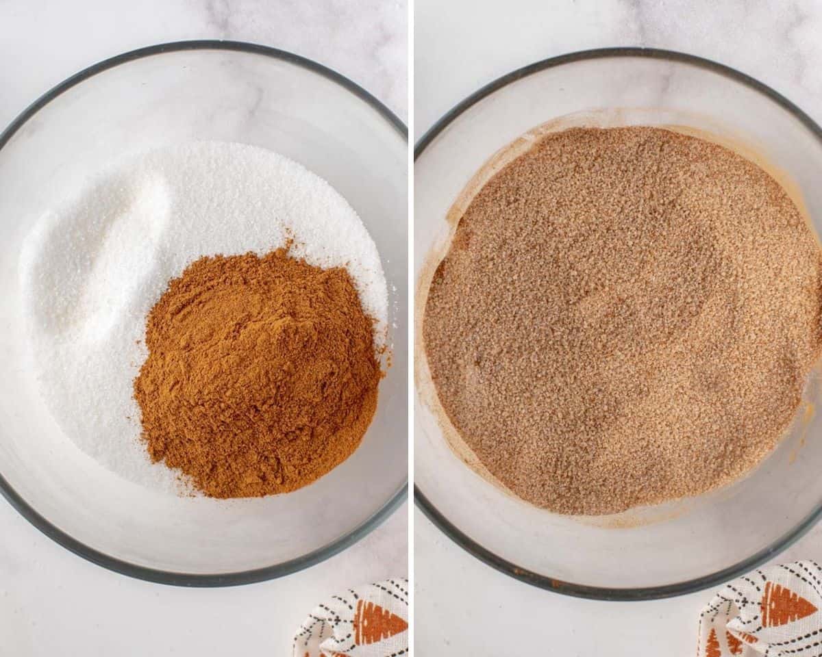 Canela y azúcar antes y después de ser mezclados.