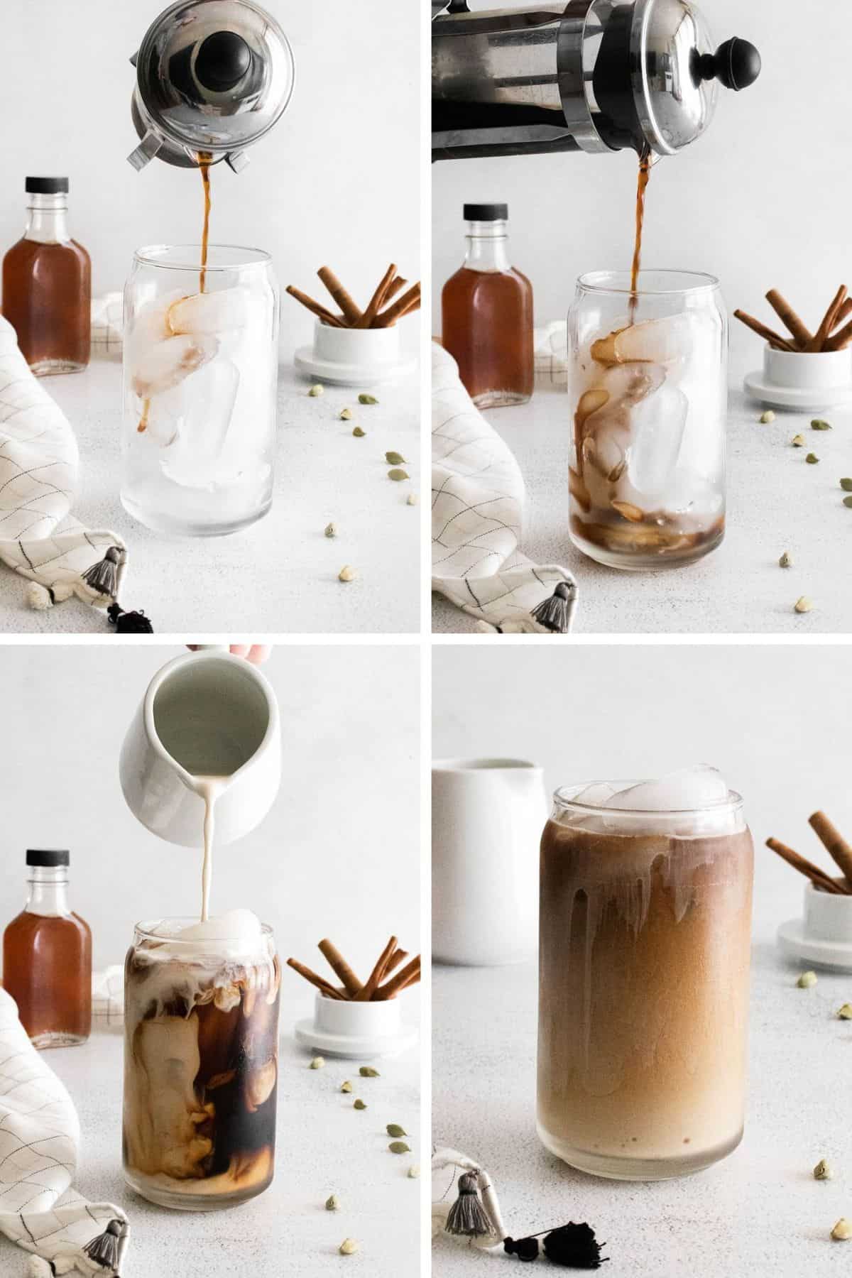 Cuatro imágenes que muestran cómo hacer café helado.
