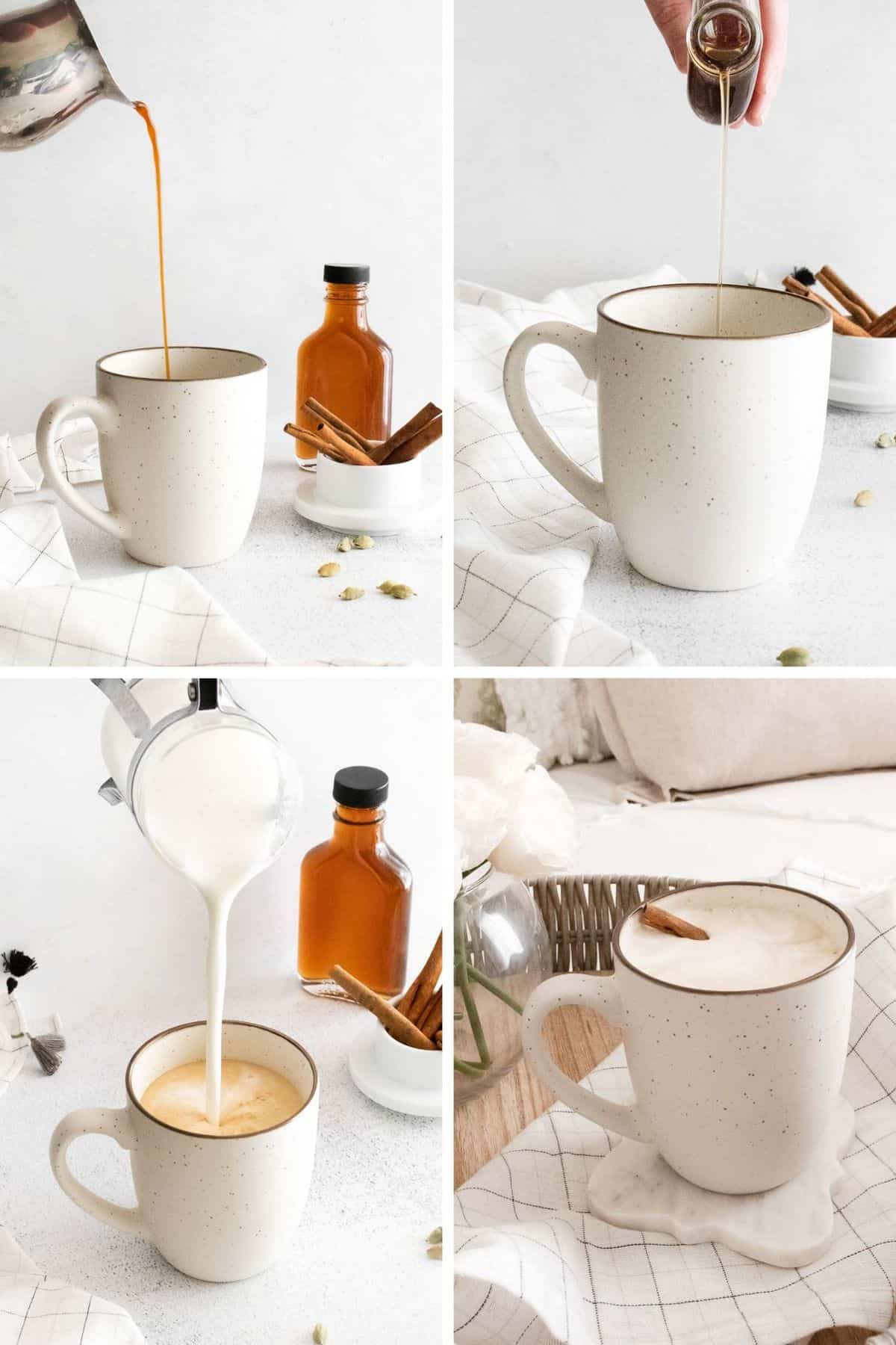 Cuatro imágenes que muestran cómo hacer un latte con jarabe casero.