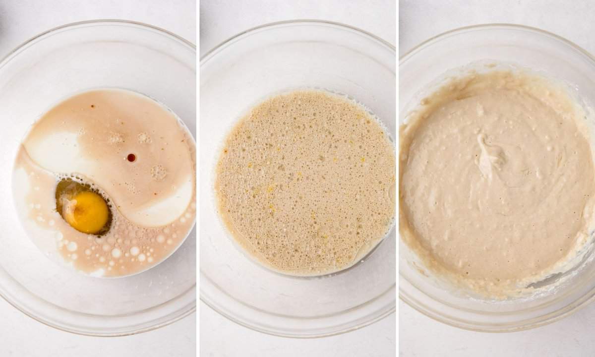 Tres pasos para hacer la masa de panqueque de azúcar moreno.