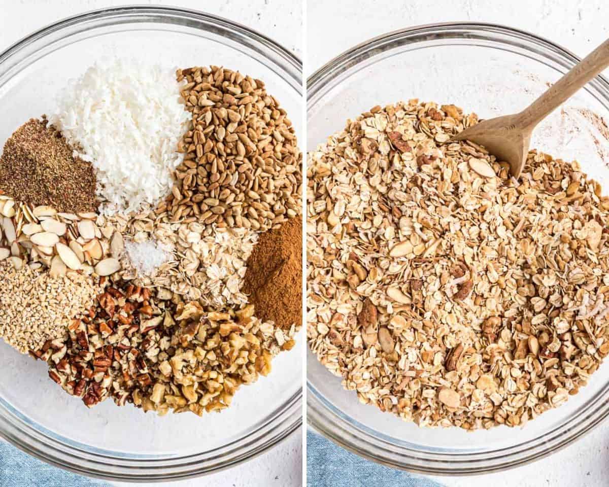 Ingredientes de la granola antes y después de mezclar.