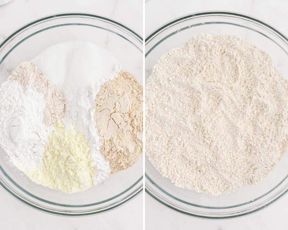 Ingredientes secos no mezclados, a la izquierda, y mezclados, a la derecha.