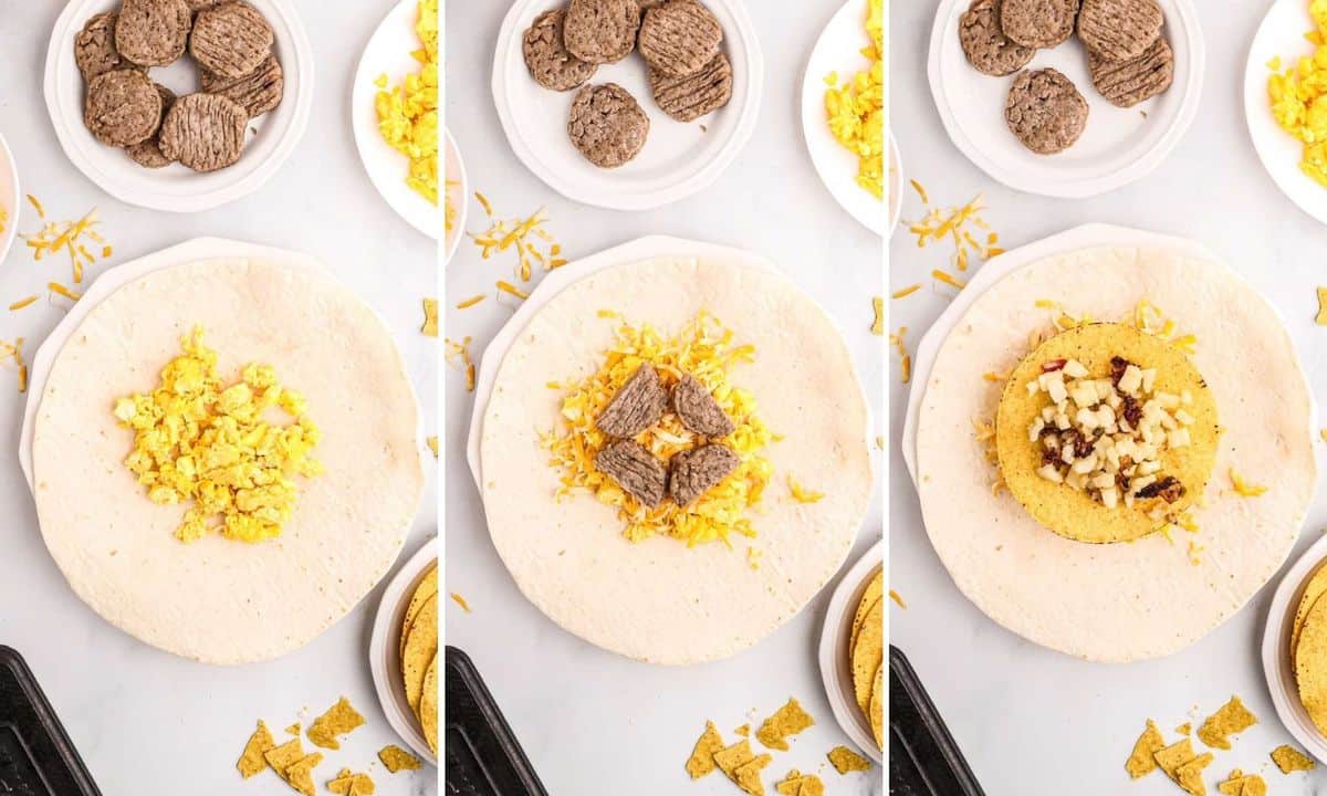 Pasos para rellenar un crunchwrap de desayuno.