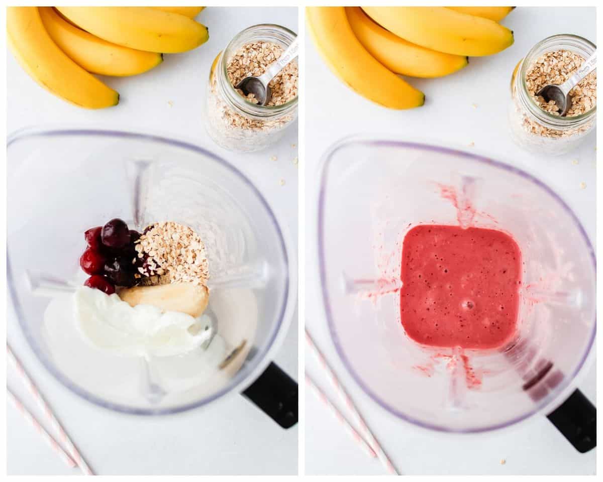 Dos licuadoras, una con batido sin mezclar y otra con batido mezclado.