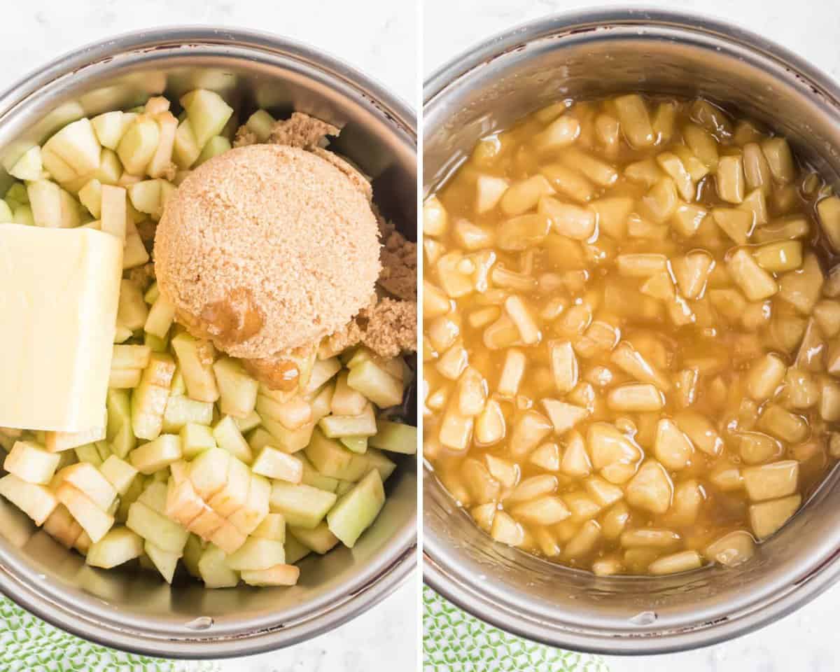 Salsa de manzana con caramelo antes y después de cocinar.