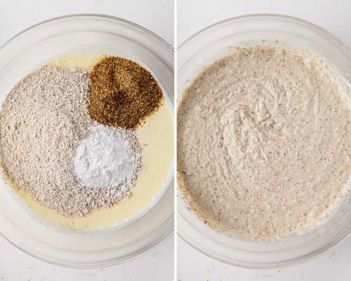 Ingredientes secos antes y después de mezclar con los ingredientes húmedos.