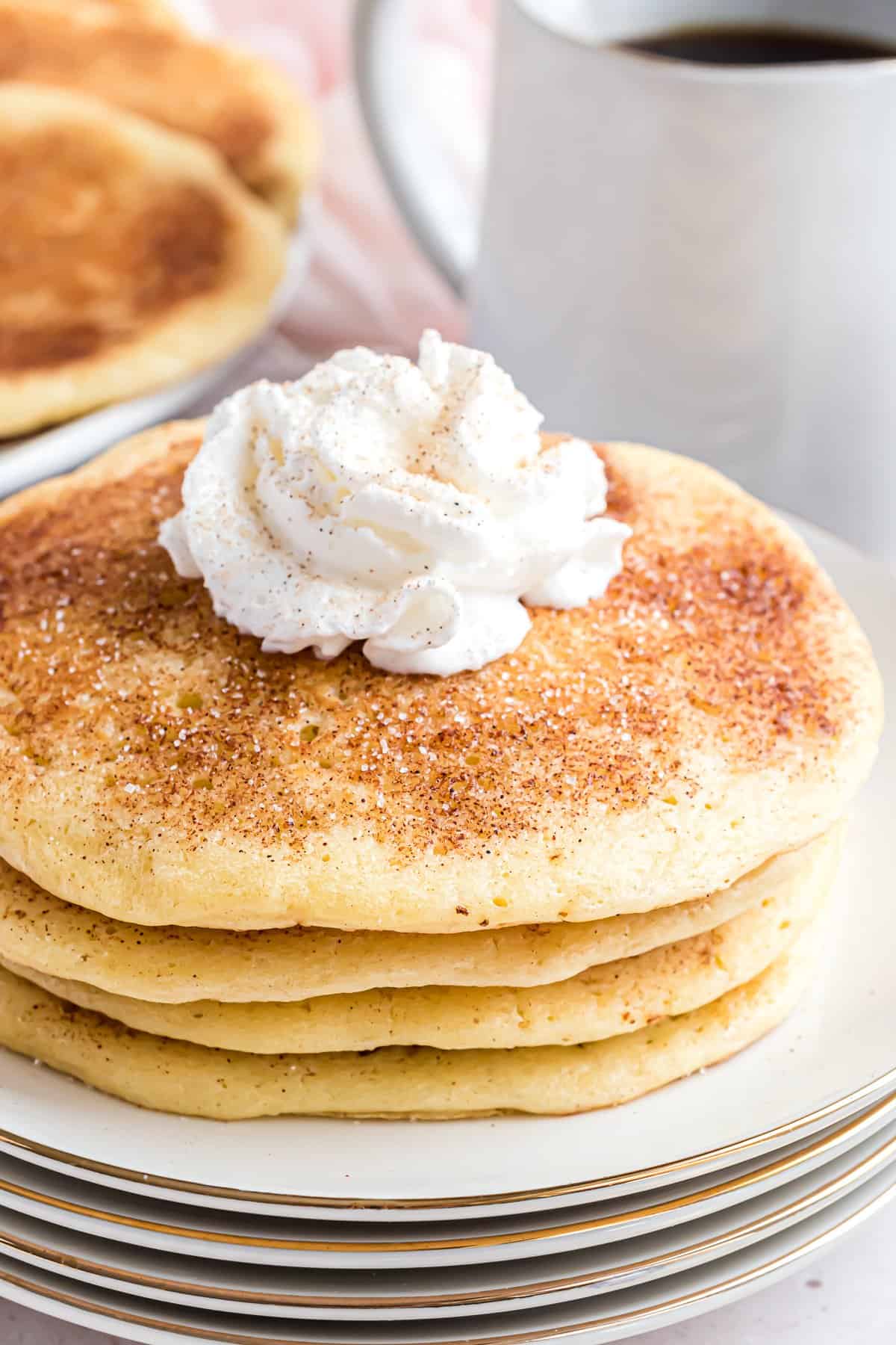 Panqueques de snickerdoodle en un plato blanco, cubiertos con crema batida.