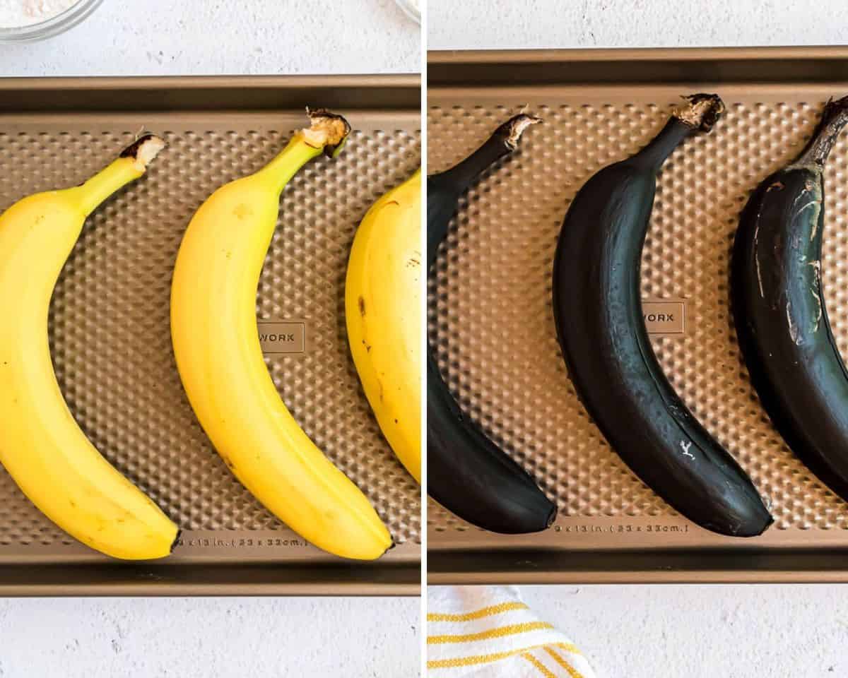 Plátanos antes y después de hornear.