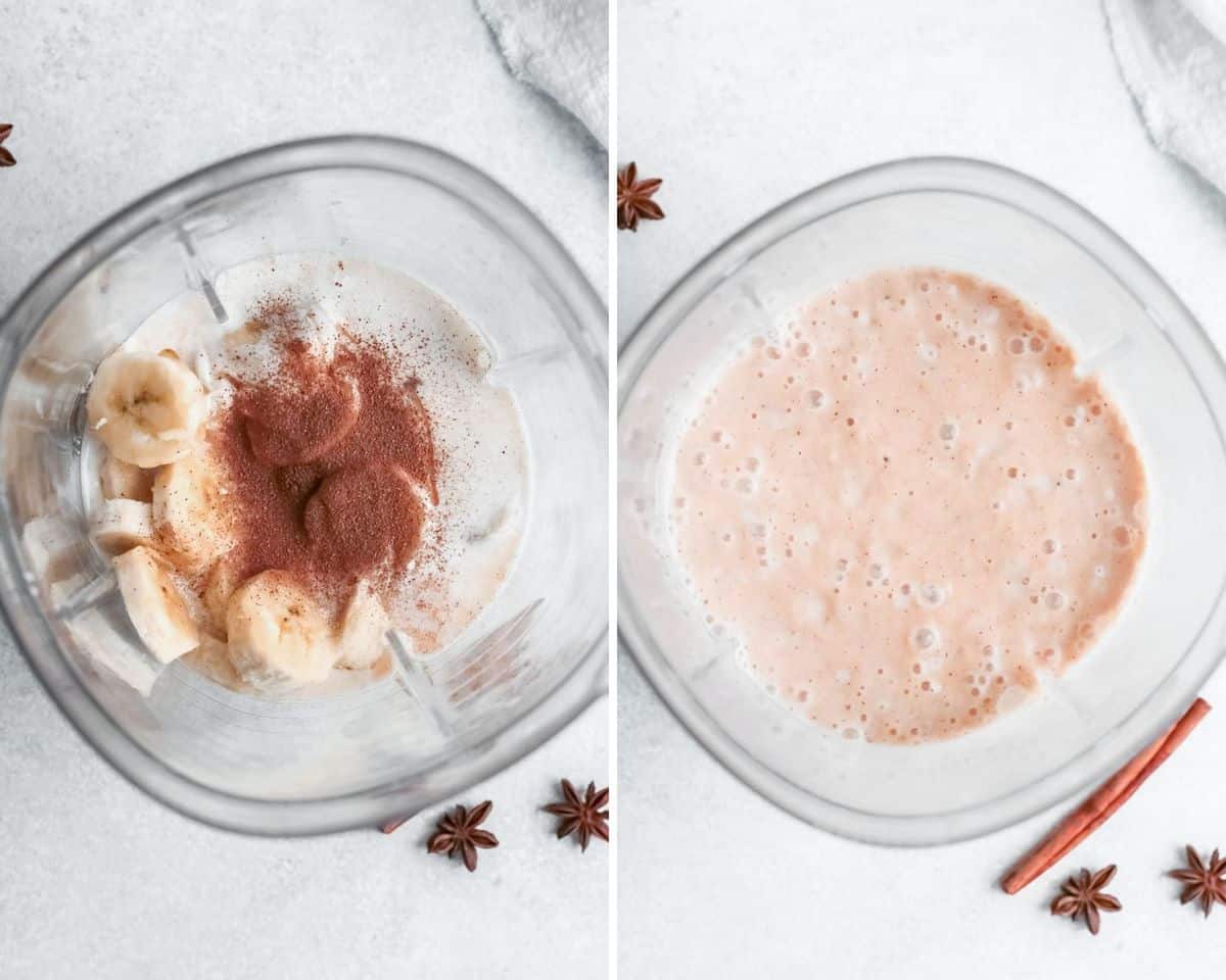 Batido antes y después de mezclar en una licuadora.
