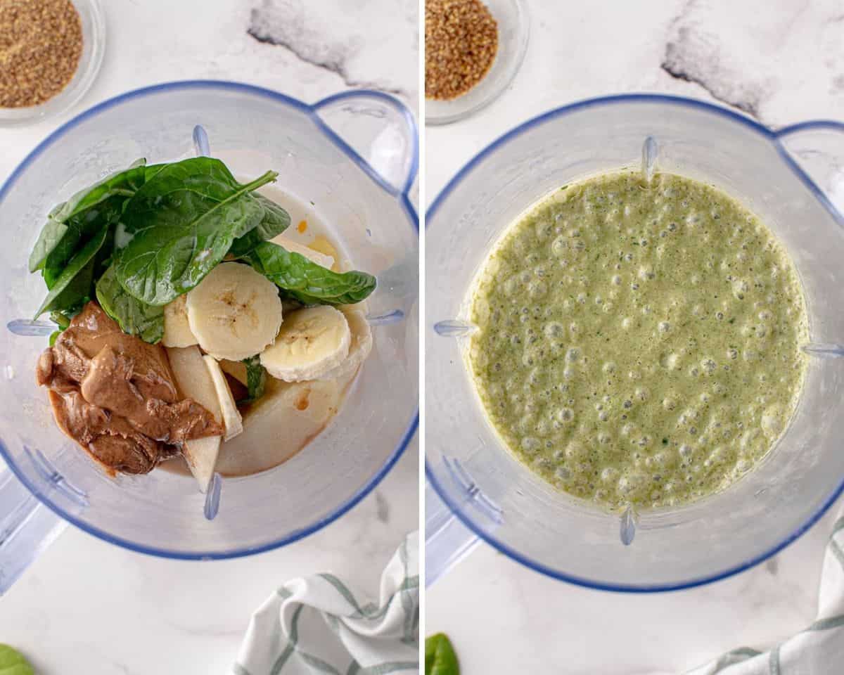 Ingredientes en la batidora, sin mezclar a la izquierda, mezclados a la derecha.