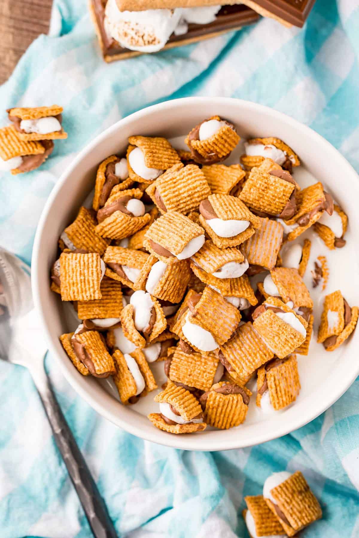 Pequeños s'mores en un tazón con leche.