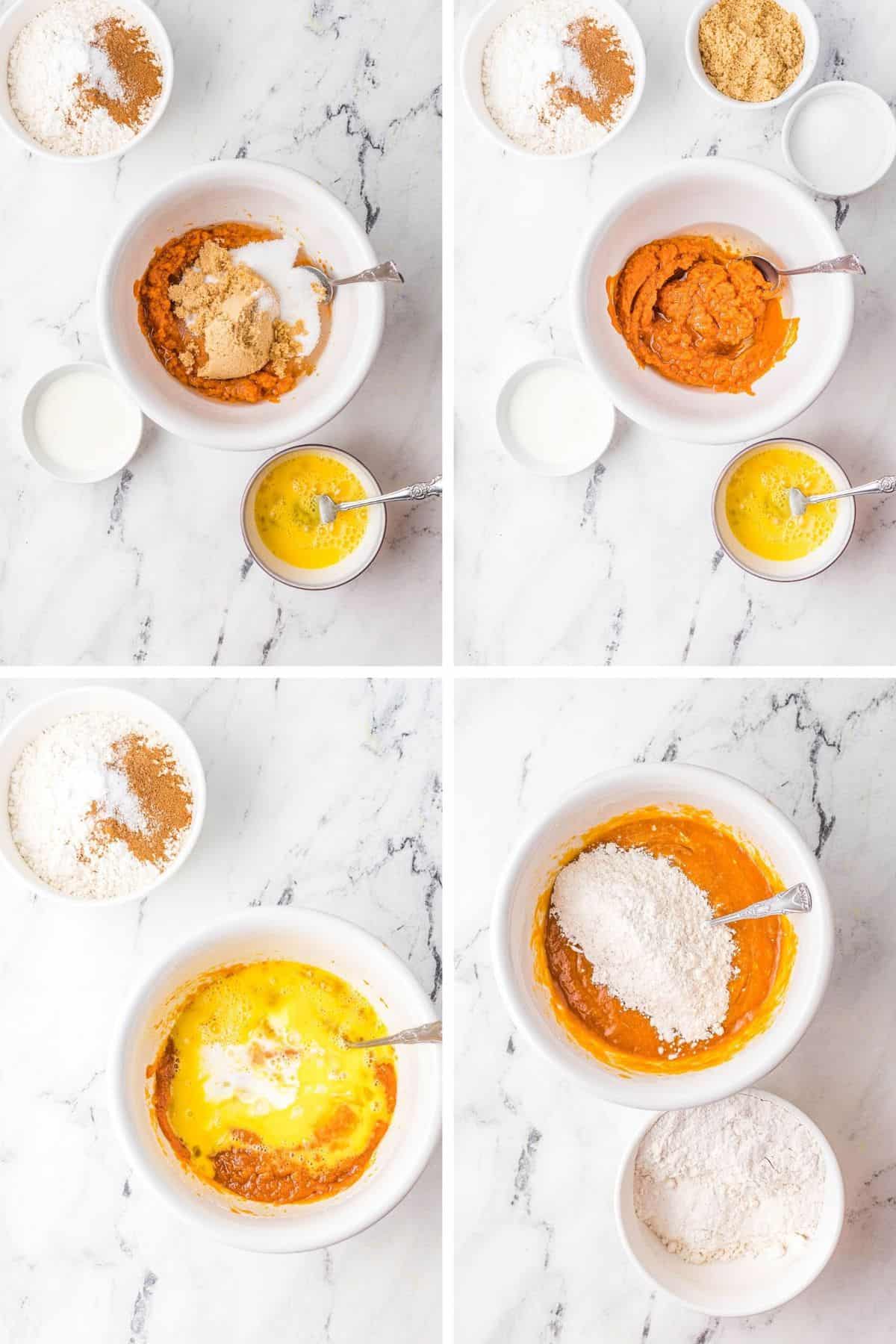 4 imágenes, pasos para hacer masa de panqueque de calabaza.