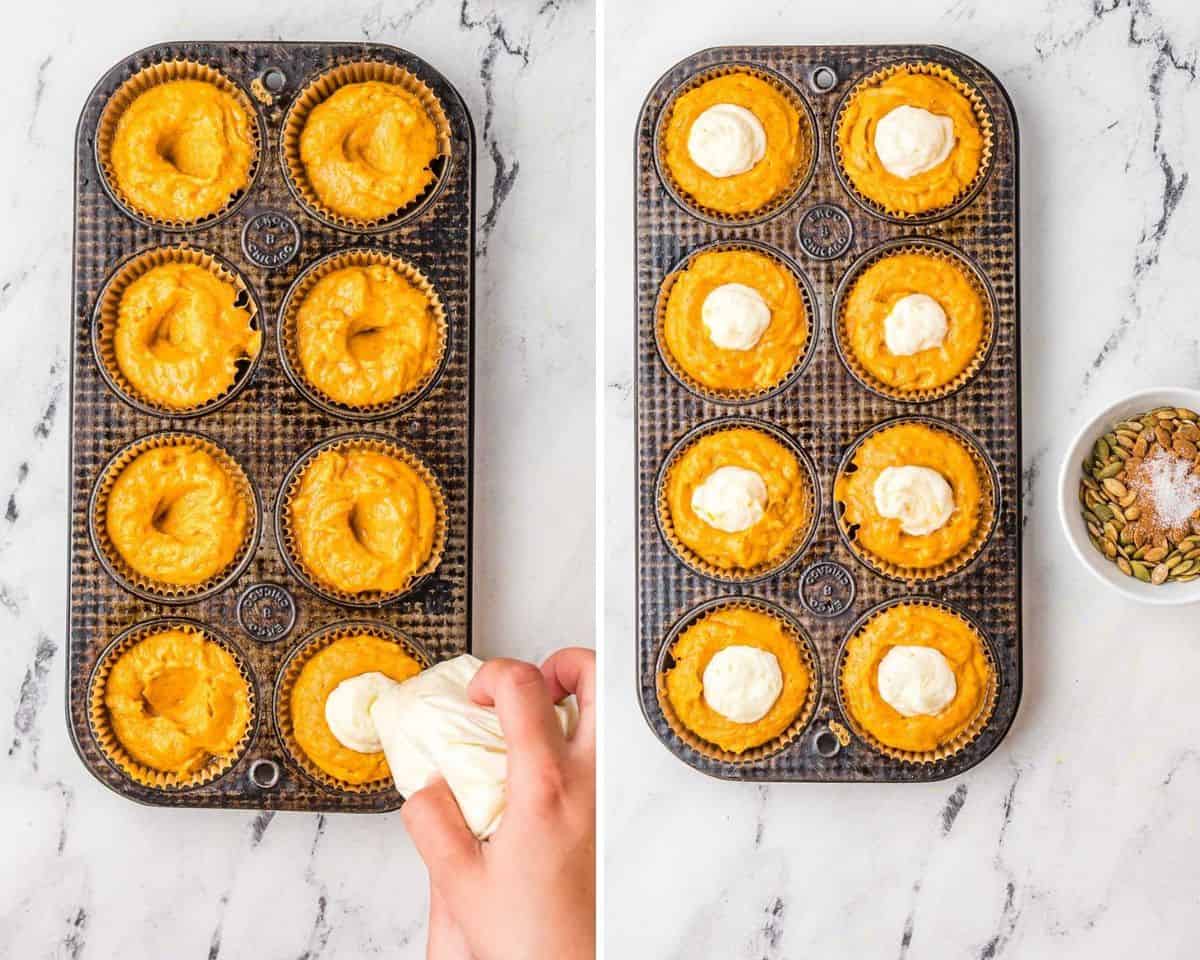 Muffins siendo rellenados con queso crema.