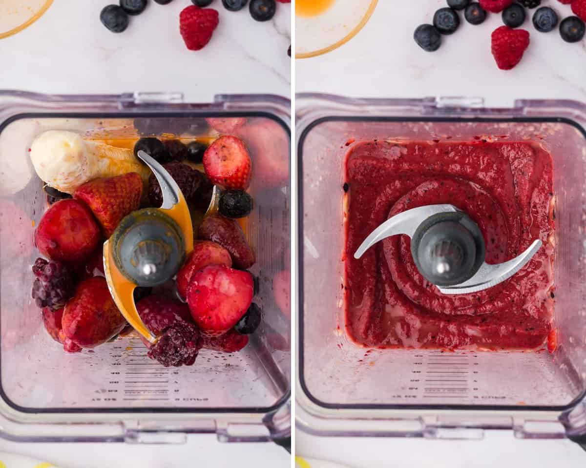 Batido de bayas antes y después de mezclar.
