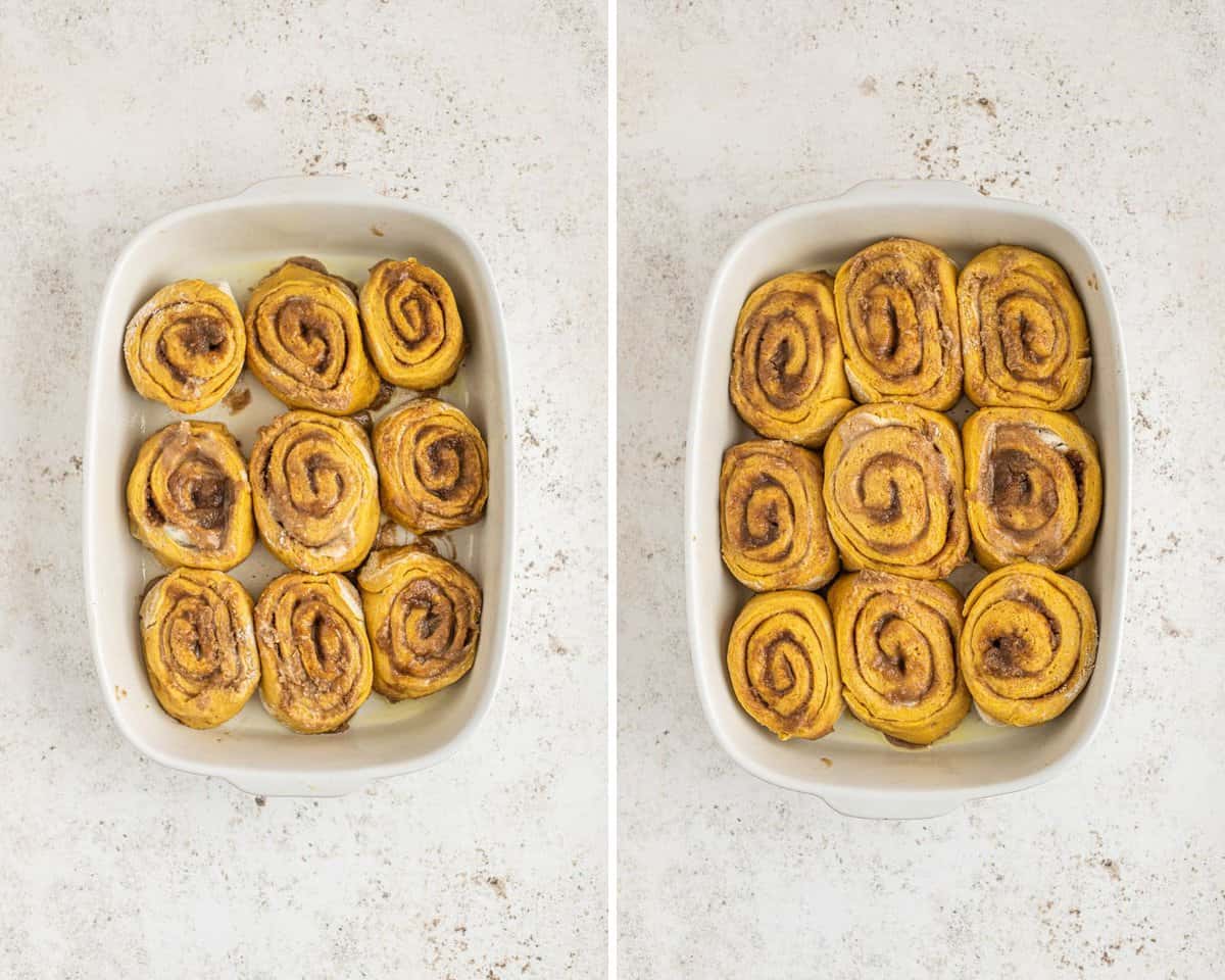 Panqueques en la bandeja de hornear antes y después de crecer.