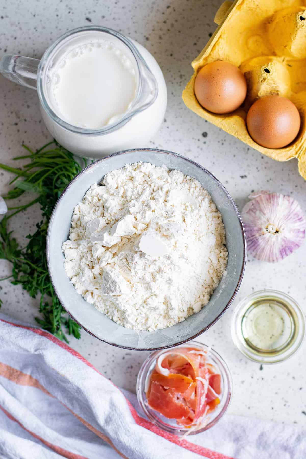 Overhead view of uncooked ingredients.